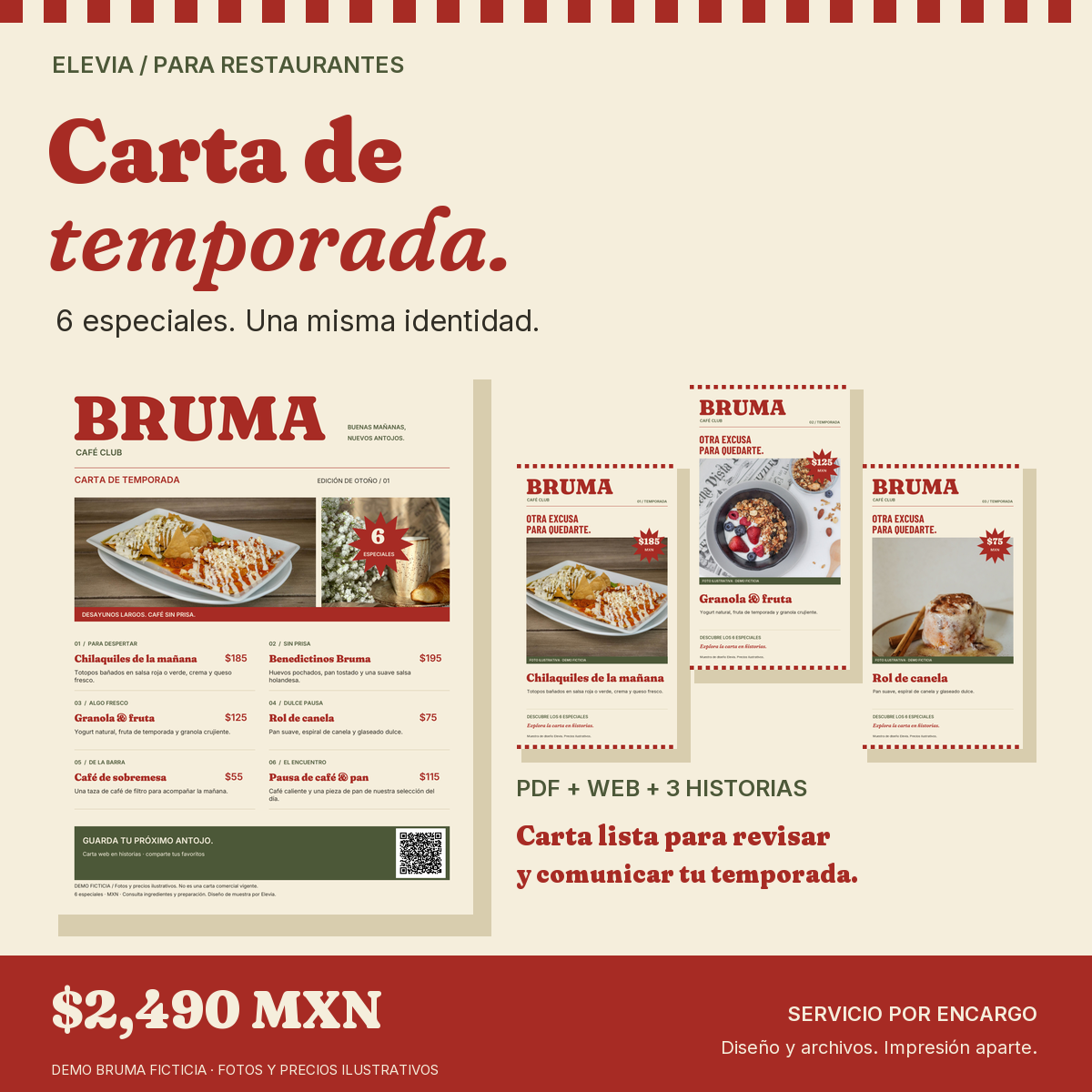 Carta de Temporada Elevia: diseño de seis especiales para PDF, web y tres historias. Muestra ficticia BRUMA; $2,490 MXN. Impresión aparte.