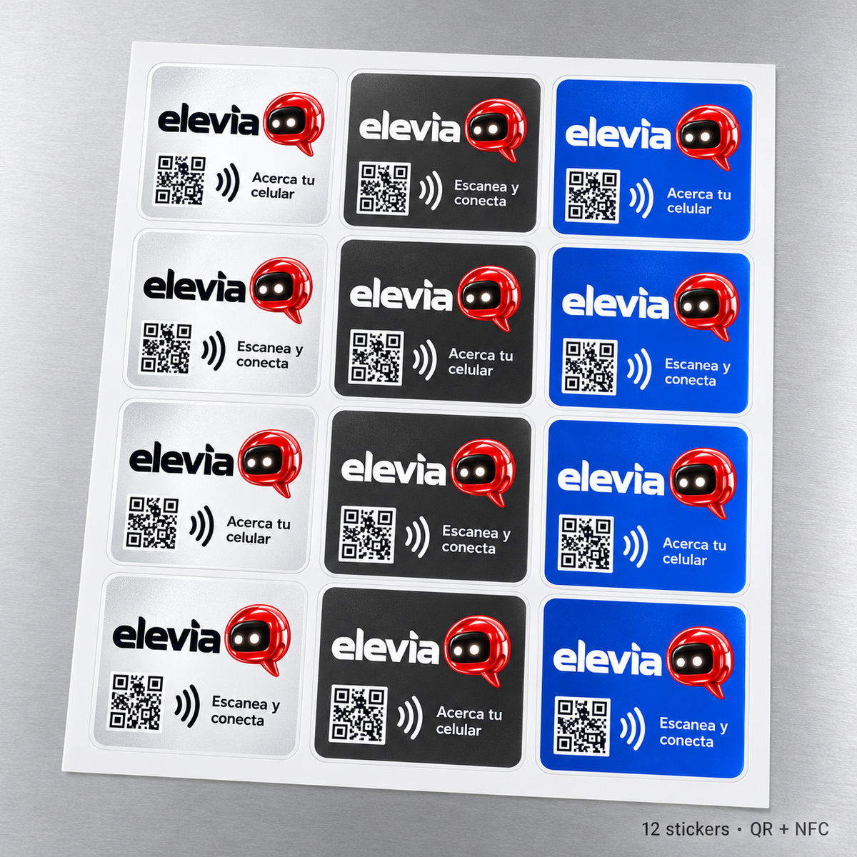 Hoja carta con 12 stickers QR y NFC personalizados