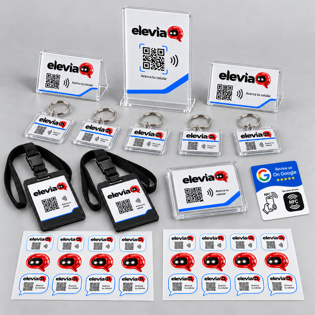 Kit Elevia con tarjeta Google NFC azul y blanca del modelo de referencia. Maqueta ilustrativa.