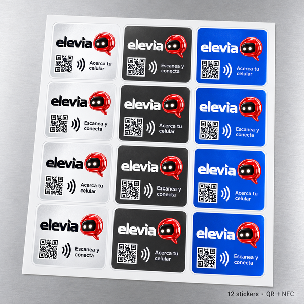 Hoja carta con 12 stickers QR y NFC personalizados