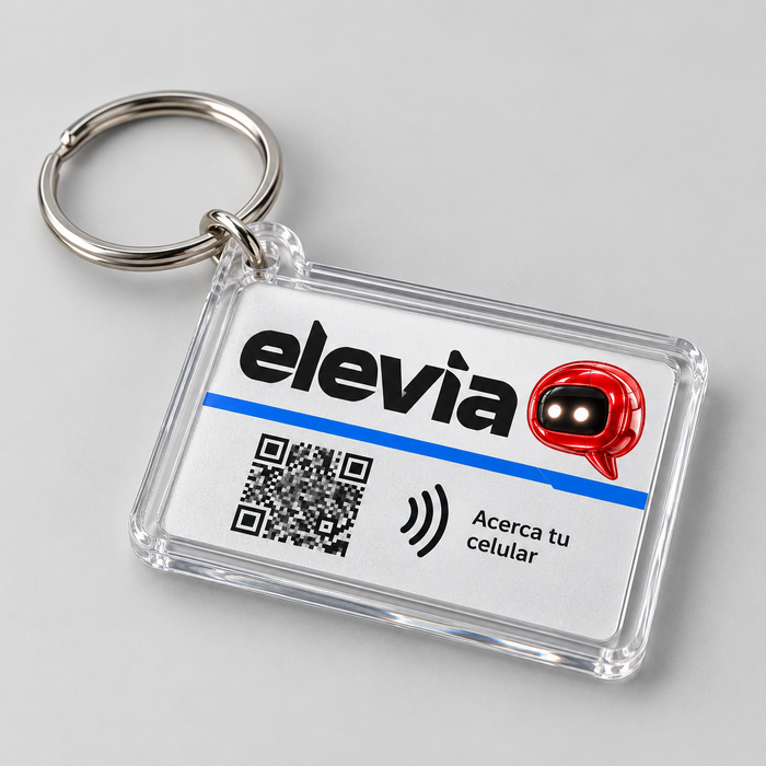 Maqueta Elevia de llavero personalizado. QR ilustrativo.